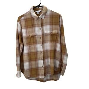 Old Navy Boyfriend Shirt Flannel M Women Beige Tan Button Up Plaid Long Sleeve
